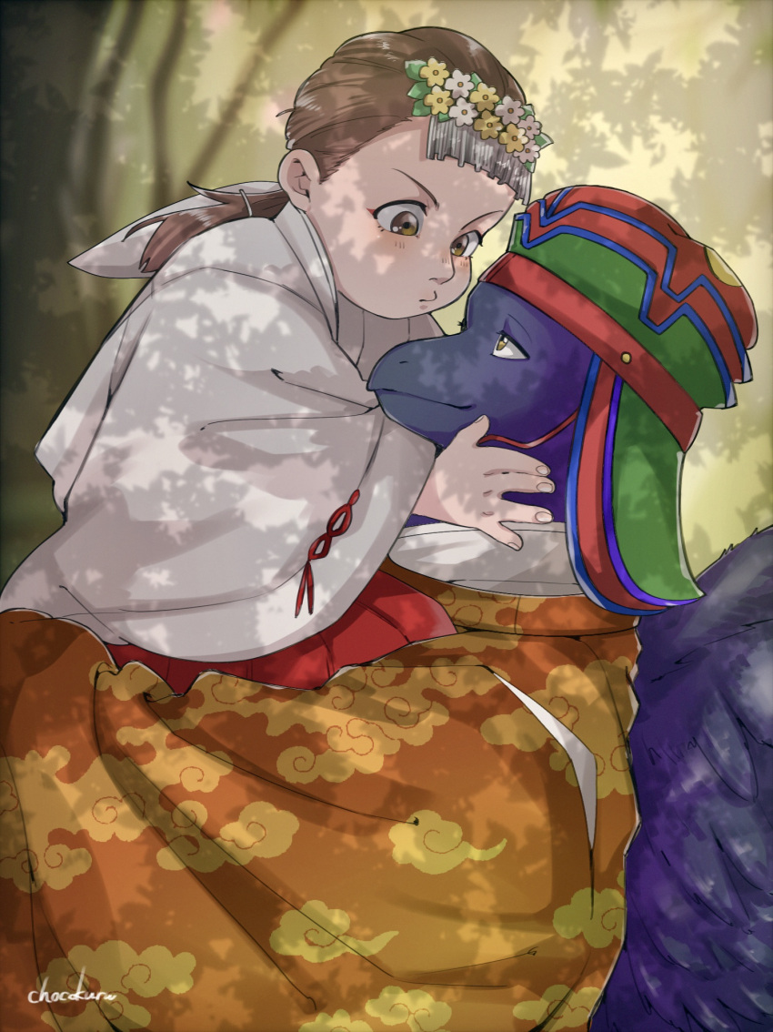 1boy, 1girl, artist_name, brown_eyes, brown_hair, carrying, chocokuru_(pikupikupikuminn), cloud_print, dappled_sunlight, eye_contact, hair_ornament, hakama, hat, highres, japanese_clothes, jirou_(tonari_no_youkai-san), looking_at_another, outdoors, ponytail, red_hakama, sugimoto_mutsumi, sunlight, tonari_no_youkai-san, wide_sleeves, wings