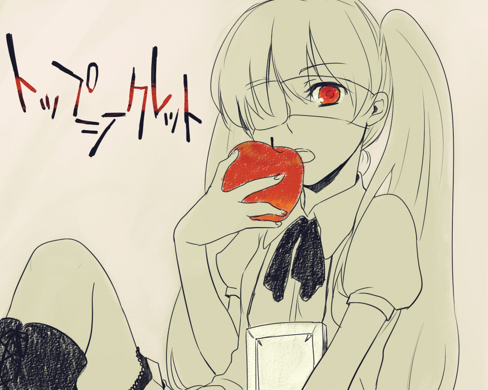 apple, bandage_over_one_eye, eyepatch, food, fruit, hatsune_miku, holding, holding_fruit