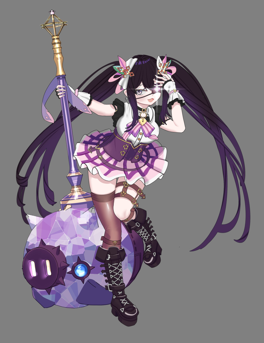 1girl, 2dtuna, absurdres, asymmetrical_legwear, belt, black_footwear, boots, breasts, brown_dust_2, brown_thighhighs, corset, cross-laced_footwear, eyepatch, frilled_skirt, frills, full_body, grey_background, hair_ornament, hammer, hand_in_own_hair, highres, holding, holding_hammer, huge_weapon, jewelry, knee_boots, large_breasts, layla_(brown_dust), long_hair, looking_at_viewer, pendant, pink_eyes, pink_skirt, platform_boots, platform_footwear, purple_corset, purple_hair, simple_background, skirt, smile, solo, standing, standing_on_one_leg, thigh-highs, thigh_belt, thigh_strap, twintails, very_long_hair, weapon