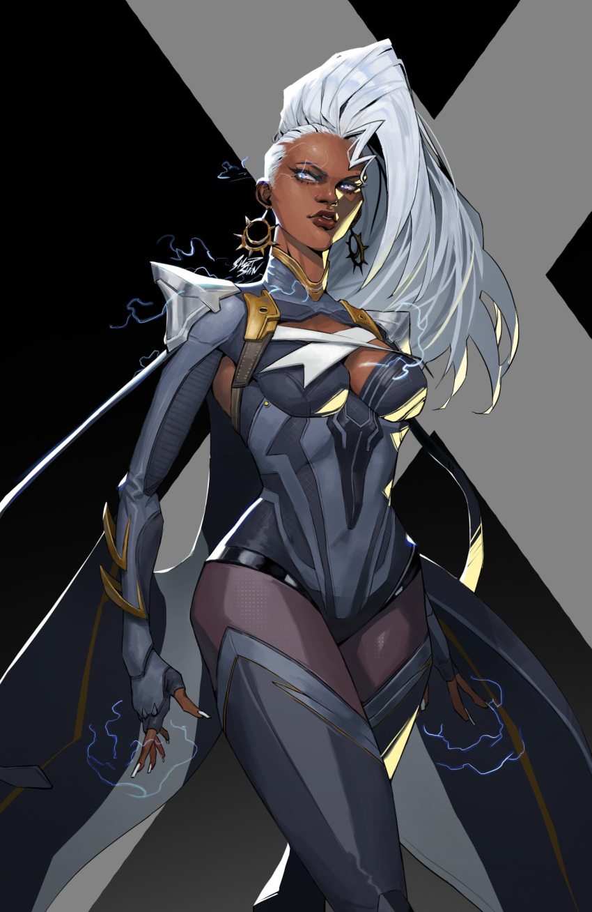 1girl, cape, dark-skinned_female, dark_skin, electricity, highres, leotard, lightning_bolt_symbol, marvel, marvel_rivals, no_pupils, sheep_shin, smile, solo, storm_(x-men), superhero_costume, very_dark_skin, white_eyes, x-men