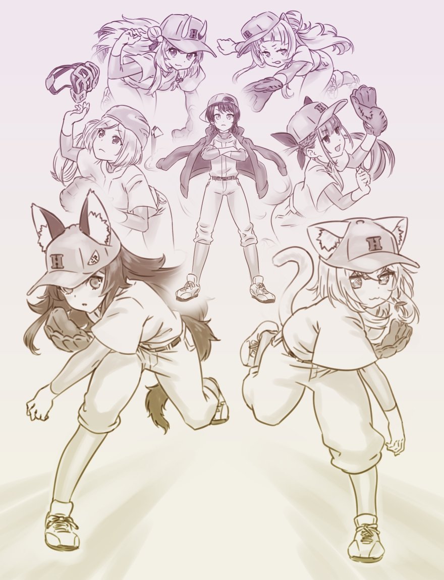 6+girls, :3, aki_rosenthal, alternate_costume, animal_ears, backwards_hat, baseball, baseball_cap