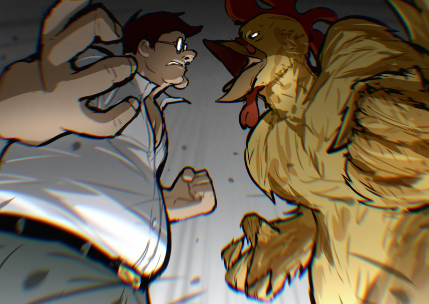2boys, belt, black_belt, brown_hair, cleft_chin, clenched_hand, collared_shirt, ernie_the_giant_chicken