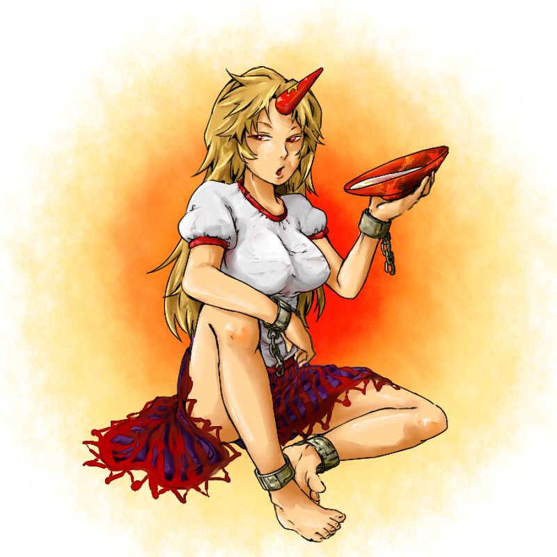 barefoot, blonde_hair, breasts, cuffs, horn, horns, hoshiguma_yuugi, long_hair