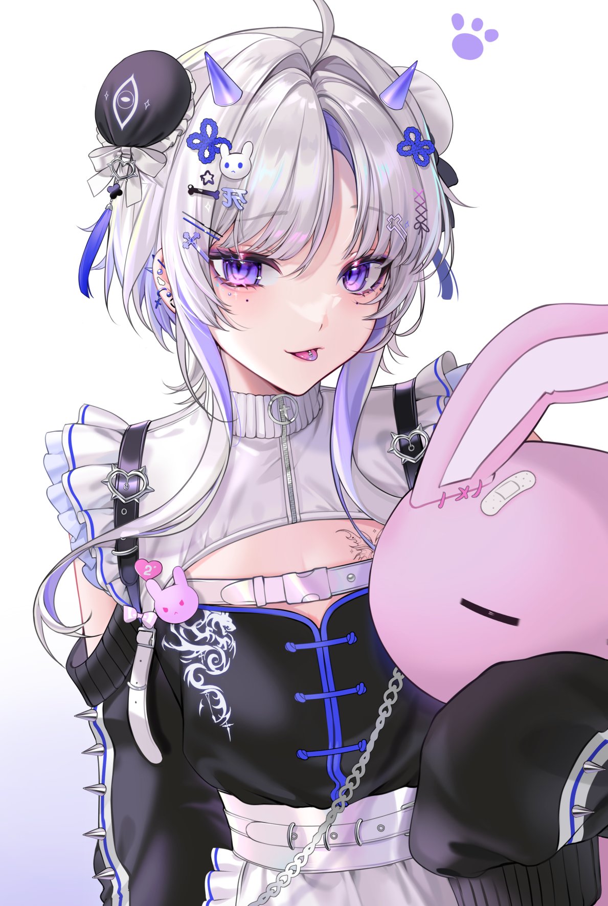 1boy, :p, bandaid, bishounen, black_shirt, black_sleeves, bone_hair_ornament, chain, chest_harness, chest_tattoo, cleavage_cutout, clothing_cutout, commentary, crossdressing, curtained_hair, detached_sleeves, double_bun, facing_viewer, frilled_sleeves, frills, grey_hair, hair_bun, hair_intakes, hair_ornament, hairpin, harness, highres, holding, holding_stuffed_toy, horns, light_smile, looking_at_viewer, mandarin_collar, mole, mole_under_eye, multicolored_hair, multiple_piercings, original, parted_bangs, piercing, purple_hair, purple_horns, purple_trim, rabbit_hair_ornament, raised_eyebrow, ringed_eyes, saga666, shirt, short_hair, short_hair_with_long_locks, shrug_(clothing), sidelocks, simple_background, solo, spikes, star_(symbol), star_hair_ornament, streaked_hair, stuffed_animal, stuffed_rabbit, stuffed_toy, symbol-only_commentary, tassel, tassel_hair_ornament, tattoo, tongue, tongue_out, tongue_piercing, turtleneck, upper_body, violet_eyes, white_background, white_shrug, zipper, zipper_pull_tab