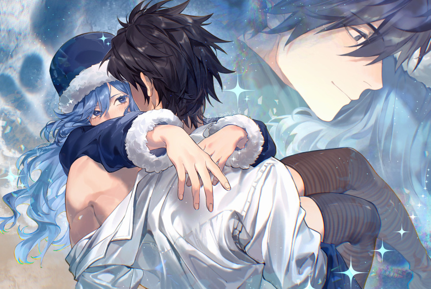 1boy, 1girl, absurdres, black_eyes, black_hair, black_jacket, blue_eyes, blue_hat