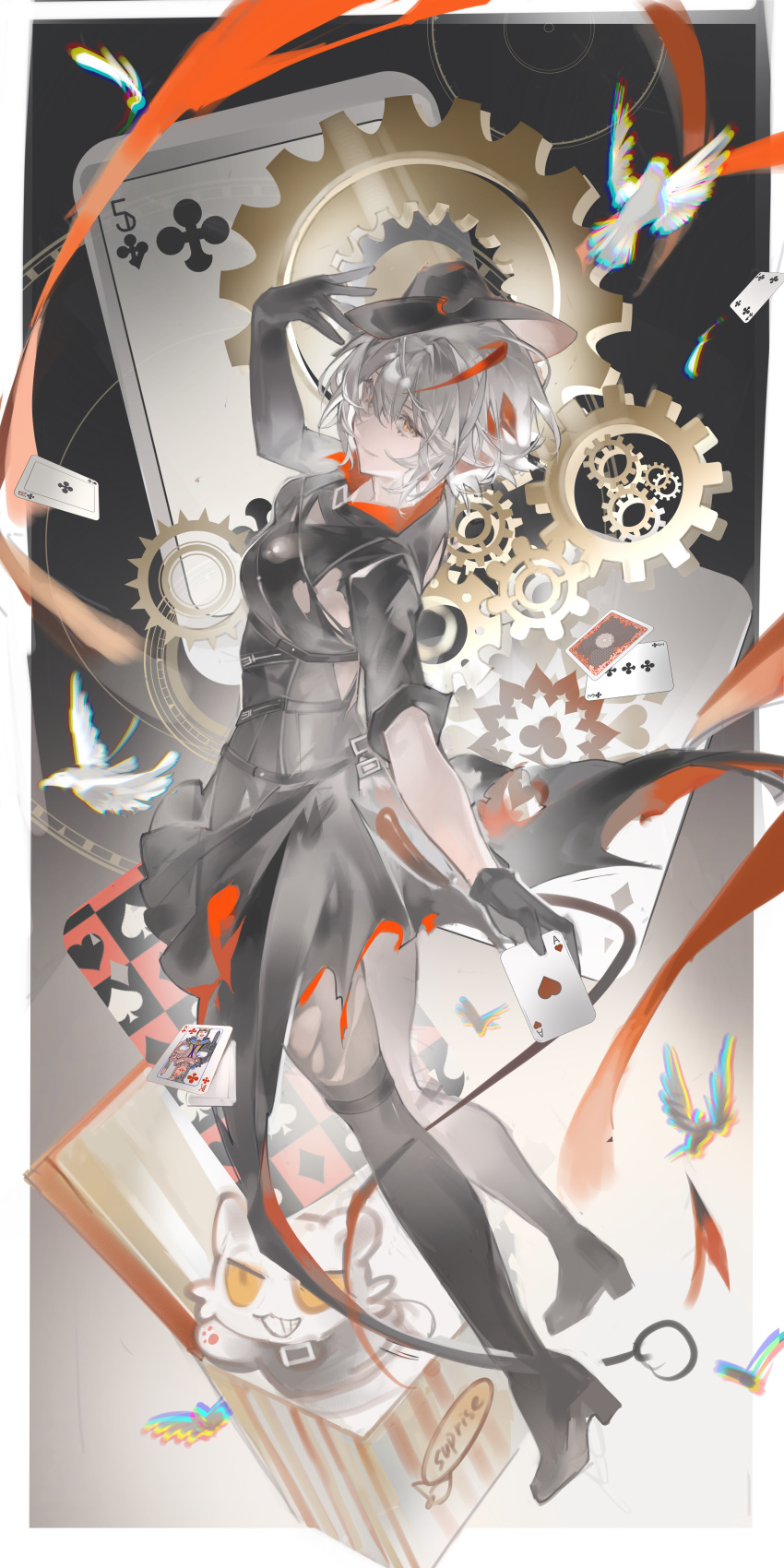 1girl, absurdres, ace_(playing_card), ace_of_hearts, animalization, arknights, bird, black_bow, black_dress, black_footwear, black_hat, boots, border, bow, breasts, card, chinese_commentary, chromatic_aberration, commentary_request, dove, dress, five_of_clubs, full_body, gears, gradient_background, hand_up, hat, heart, highres, holding, holding_card, incredibly_absurdres, jack-in-the-box, lin_qing_(phosphorus_1104), looking_at_viewer, medium_breasts, multicolored_hair, playing_card, redhead, short_hair, smile, solo, streaked_hair, thigh_boots, three_of_clubs, torn_clothes, w_(arknights), w_(wanted)_(arknights), white_hair, yellow_eyes