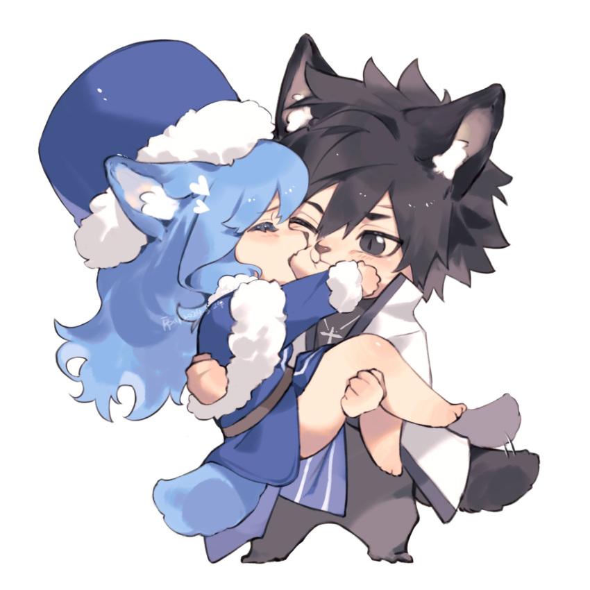 1boy, 1girl, animal_ears, belt, black_bodysuit, black_eyes, black_hair, black_tail, blue_capelet, blue_hair, blue_hat, blue_jacket, blue_tail, bodysuit, brown_belt, capelet, carrying, cat_boy, cat_ears, cat_girl, cat_tail, chibi, chibi_only, closed_eyes, coat, fairy_tail, full_body, fur-trimmed_capelet, fur-trimmed_headwear, fur-trimmed_jacket, fur_trim, gray_fullbuster, hat, highres, jacket, juvia_lockser, jyukawa, long_coat, long_hair, looking_at_another, one_eye_closed, open_clothes, open_coat, open_mouth, princess_carry, short_hair, slit_pupils, standing, tail, white_coat