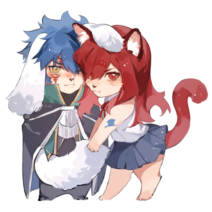 1boy, 1girl, animal_ears, arm_tattoo, barefoot, black_cloak, blue_hair, blue_skirt, brown_eyes, cat_ears, cat_girl, cat_tail, chibi, chibi_only, cloak, dog_boy, dog_ears, dog_tail, erza_scarlet, facial_tattoo, fairy_tail, floppy_ears, full_body, grabbing_another's_tail, highres, jellal_fernandes, jyukawa, looking_at_viewer, pleated_skirt, red_eyes, red_tail, redhead, shirt, simple_background, skirt, sleeveless, sleeveless_shirt, standing, tail, tattoo, white_background, white_shirt, white_tail