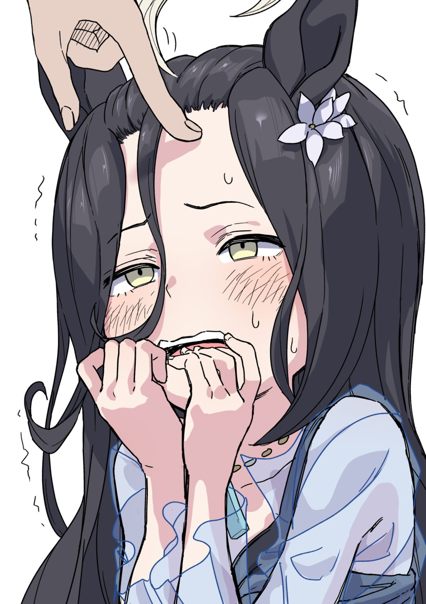 1girl, 1other, ahoge, animal_ears, derivative_work, earrings, flower, hair_flower