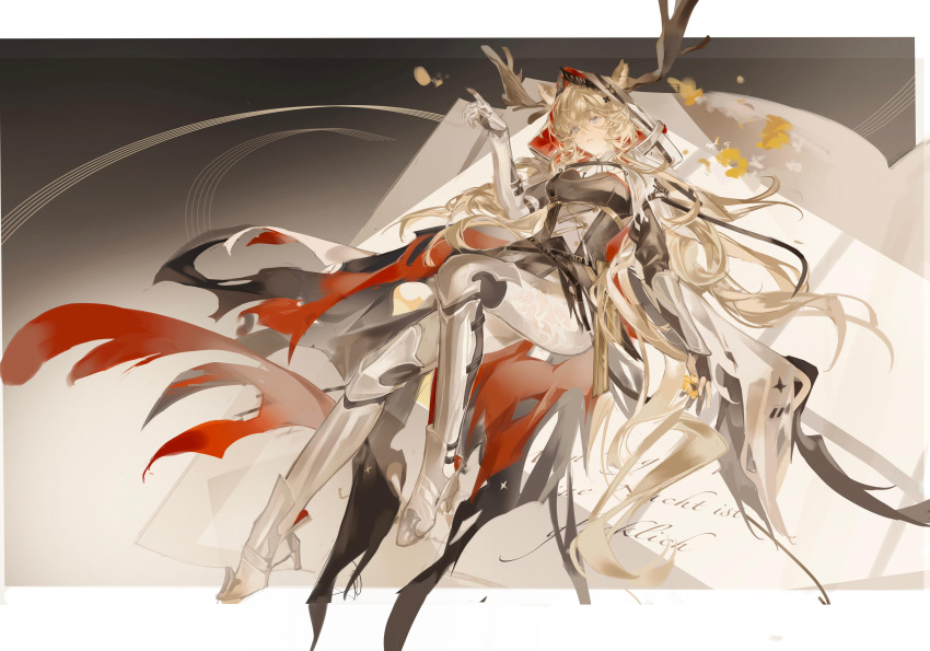 1girl, absurdres, animal_ears, antlers, antlers_through_headwear, arknights, armor, black_dress
