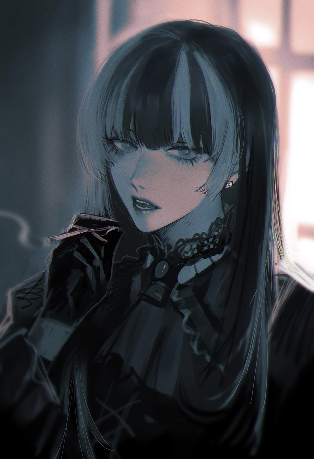 1girl, ascot, blurry, blurry_background, choker, cigarette, commentary, dress