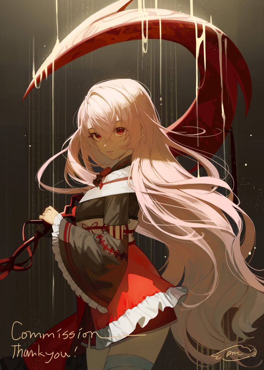 1girl, absurdres, bandaged_arm, bandages, black_kimono, commission, cowboy_shot, crossed_bangs
