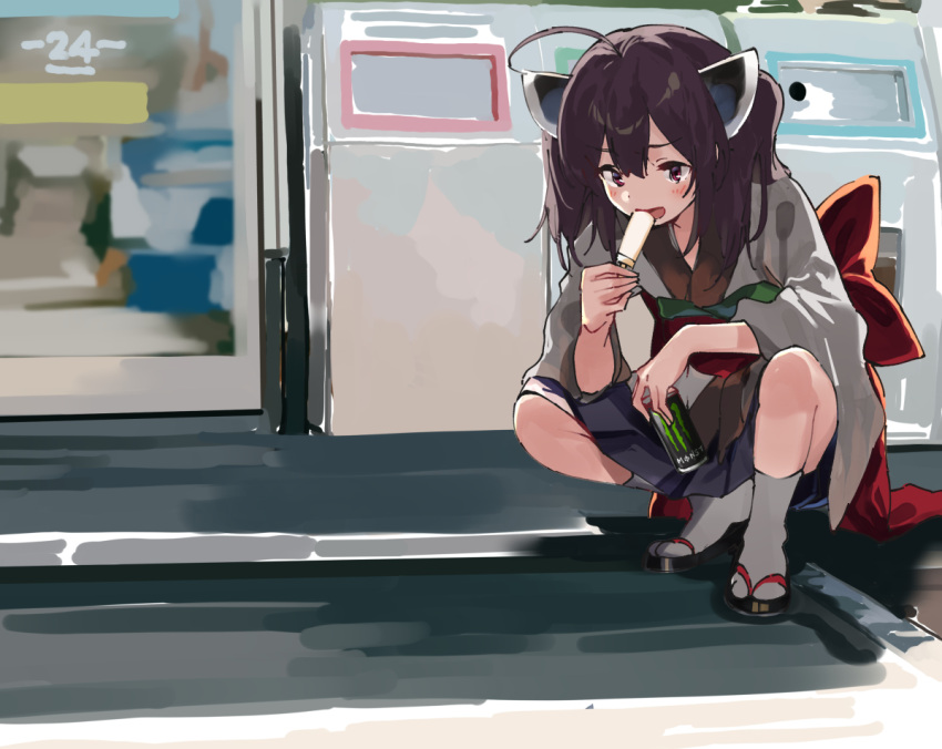 1girl, ahoge, black_footwear, blue_skirt, bow, brown_hair, building, can