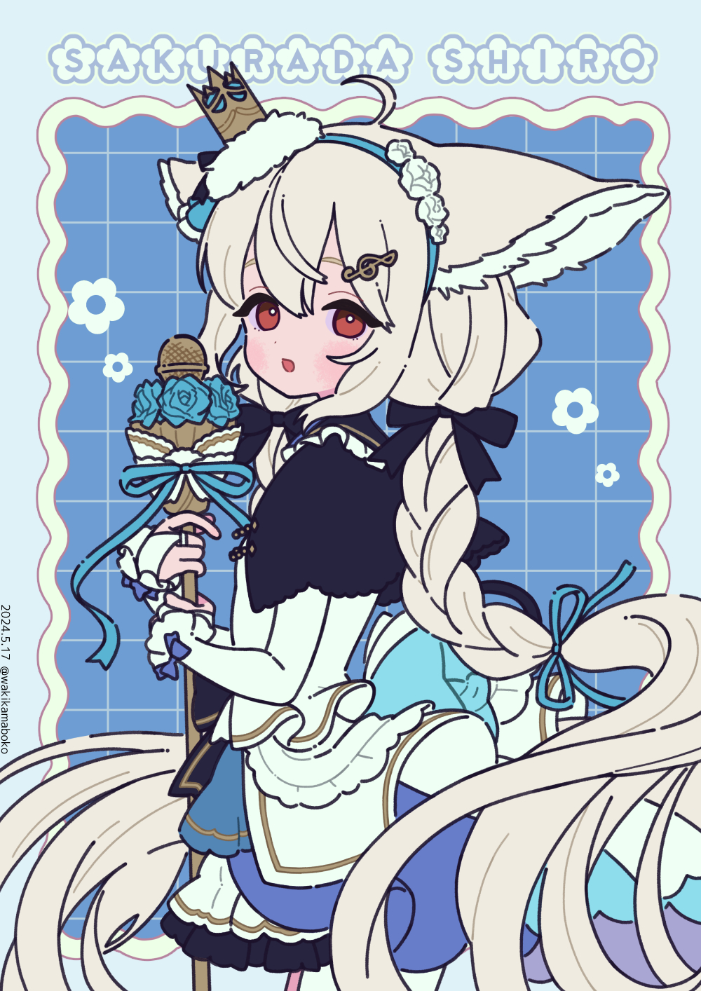 1girl, ahoge, animal_ears, black_bow, blue_background, blue_bow, blue_hairband, blue_ribbon