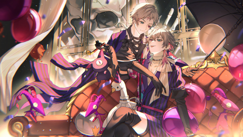 2boys, absurdres, argyle_clothes, argyle_coat, balloon, bettel_2_(gavis_bettel), bettelion_(gavis_bettel), bird