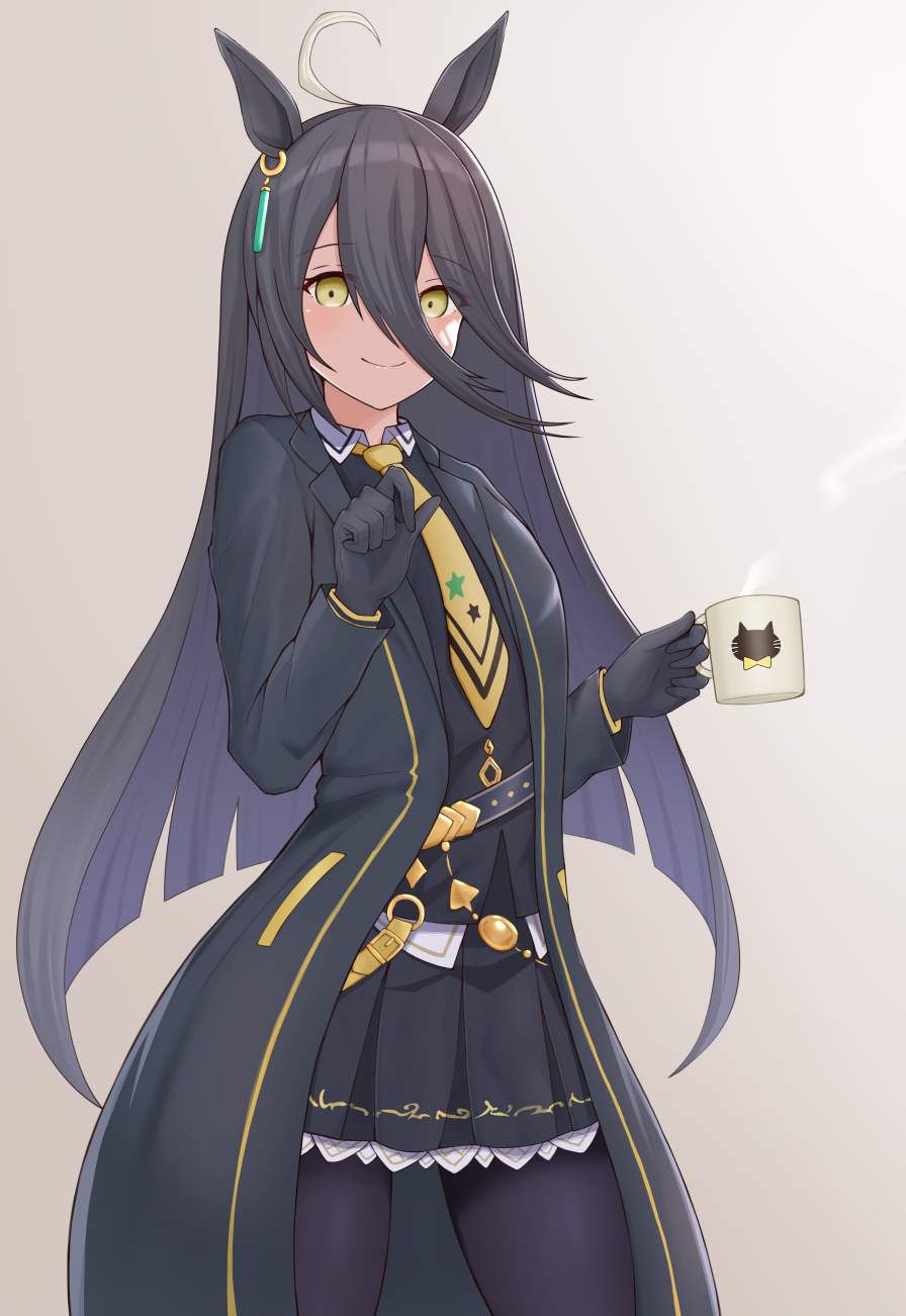 1girl, animal_ears, black_coat, black_gloves, black_hair, black_pantyhose, black_shirt, black_skirt