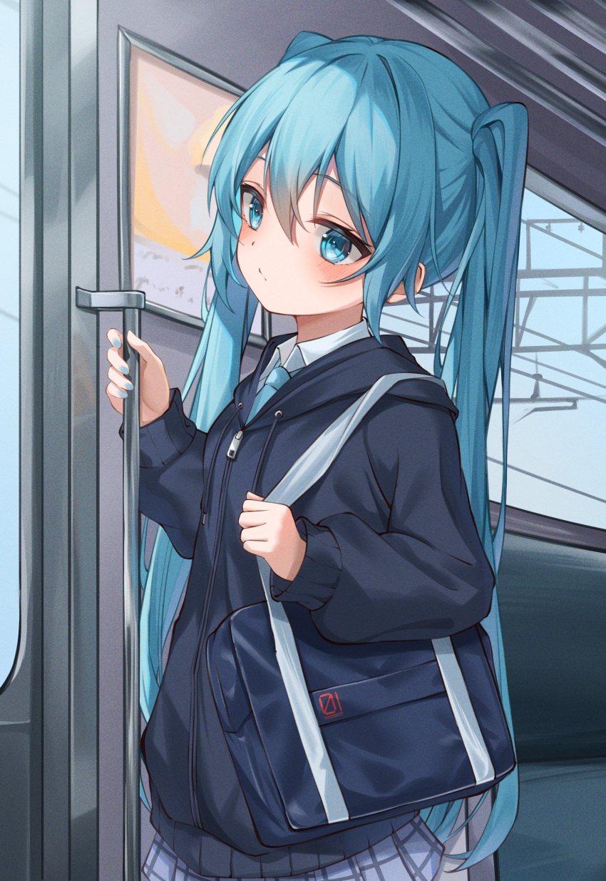 1girl, :/, absurdres, aqua_eyes, aqua_hair, aqua_nails, aqua_necktie, bag