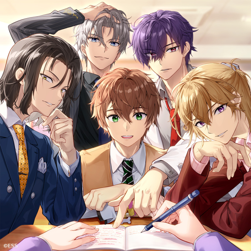 1girl, 5boys, :d, arm_up, black_shirt, blazer, blue_eyes, blue_jacket
