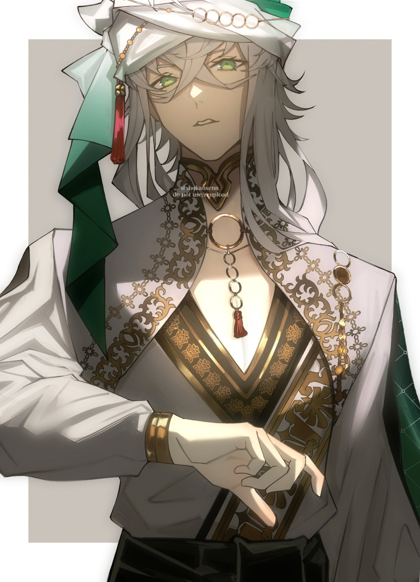 1boy, absurdres, arabian_clothes, asclepius_(fate), border, crossed_bangs, fate/grand_order, fate_(series)