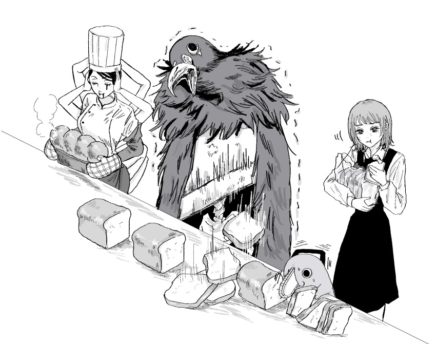 2girls, basket, blood, blood_from_eyes, blood_from_mouth, bread, breasts, chainsaw_man, chef, chef_hat, commentary_request, disembodied_head, dress, eating, falling_devil_(chainsaw_man), fami_(chainsaw_man), flat_top_chef_hat, food, food_in_mouth, fourth_east_high_school_uniform, guillotine, guillotine_devil_(chainsaw_man), hat, highres, holding, iing_naoe, large_breasts, loaf_of_bread, motion_lines, multiple_girls, multiple_moles, oven_mitts, pelvis, pinafore_dress, pochita_(chainsaw_man), school_uniform, sleeveless, sleeveless_dress, steam, trembling