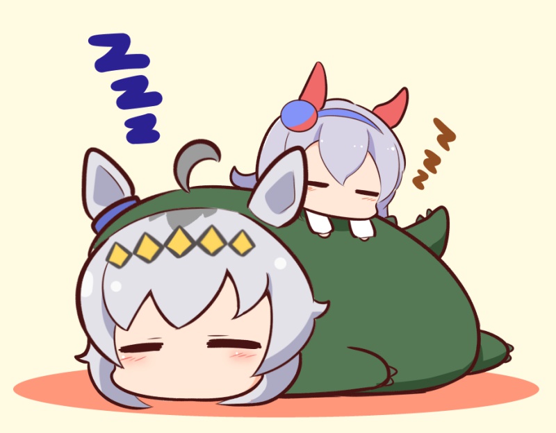 2girls, ahoge, animal_ears, blue_hairband, blush_stickers, brown_background, chibi, closed_eyes