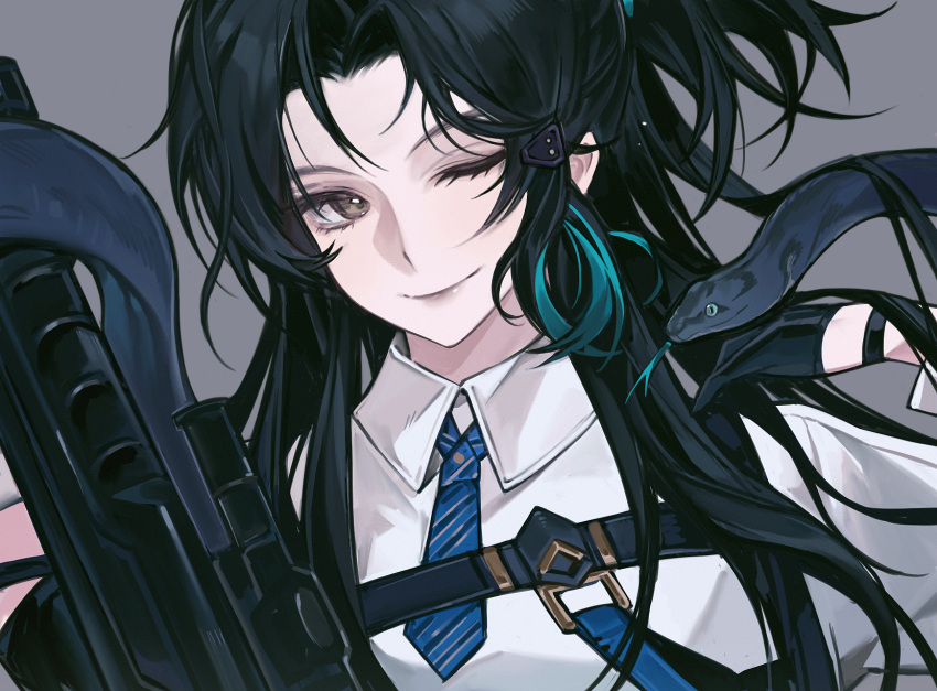 1girl, ash_echoes, black_gloves, black_hair, black_snake, blue_necktie, brown_eyes, character_request