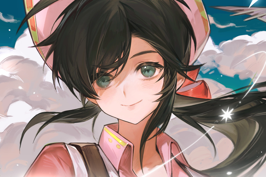 1girl, aircraft, airplane, ash_echoes, black_hair, blue_sky, blush, character_request