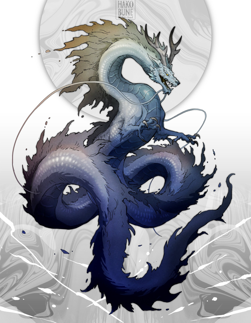 absurdres, animal_focus, antlers, artist_name, claws, commentary, dragon, eastern_dragon