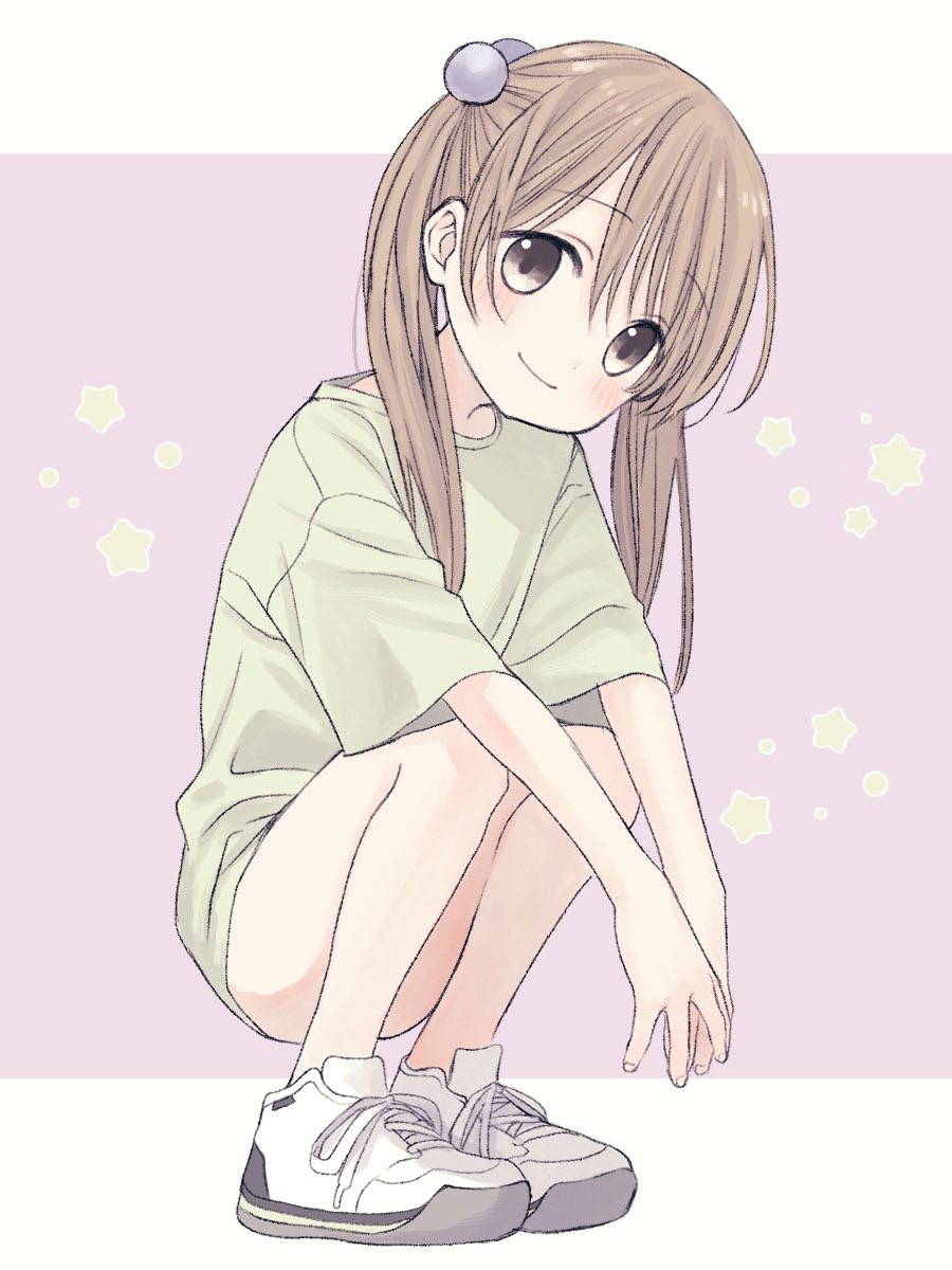 1girl, chartreuse_green_t-shirt, green_t-shirt, hair_bobbles, hair_ornament, highres, looking_at_viewer, original