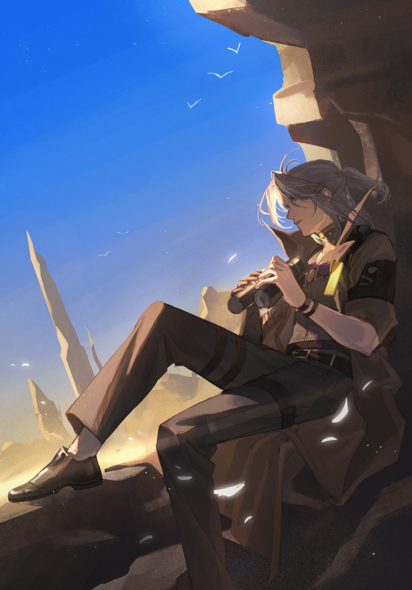 1boy, black_footwear, black_pants, blue_eyes, blue_sky, bracelet, brown_coat, brown_shirt