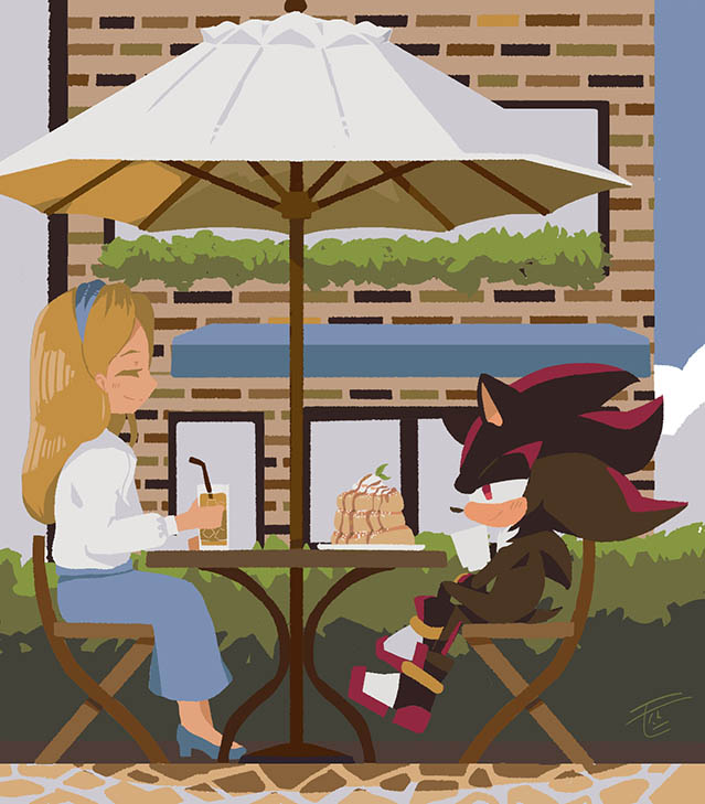 1boy, 1girl, blonde_hair, blue_footwear, chair, closed_eyes, cup, drinking_straw