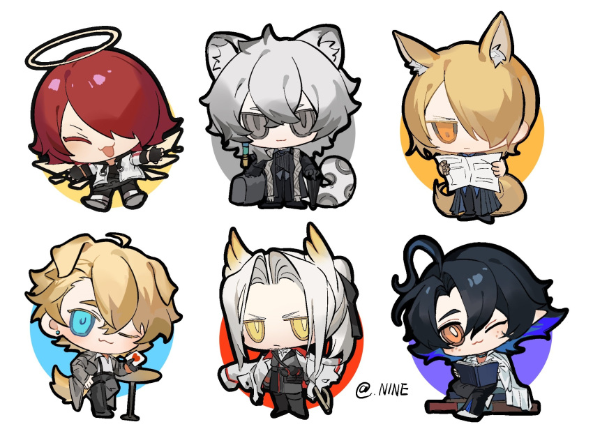 1girl, 4boys, :3, ahoge, animal_ear_fluff, animal_ears, arknights, artist_name