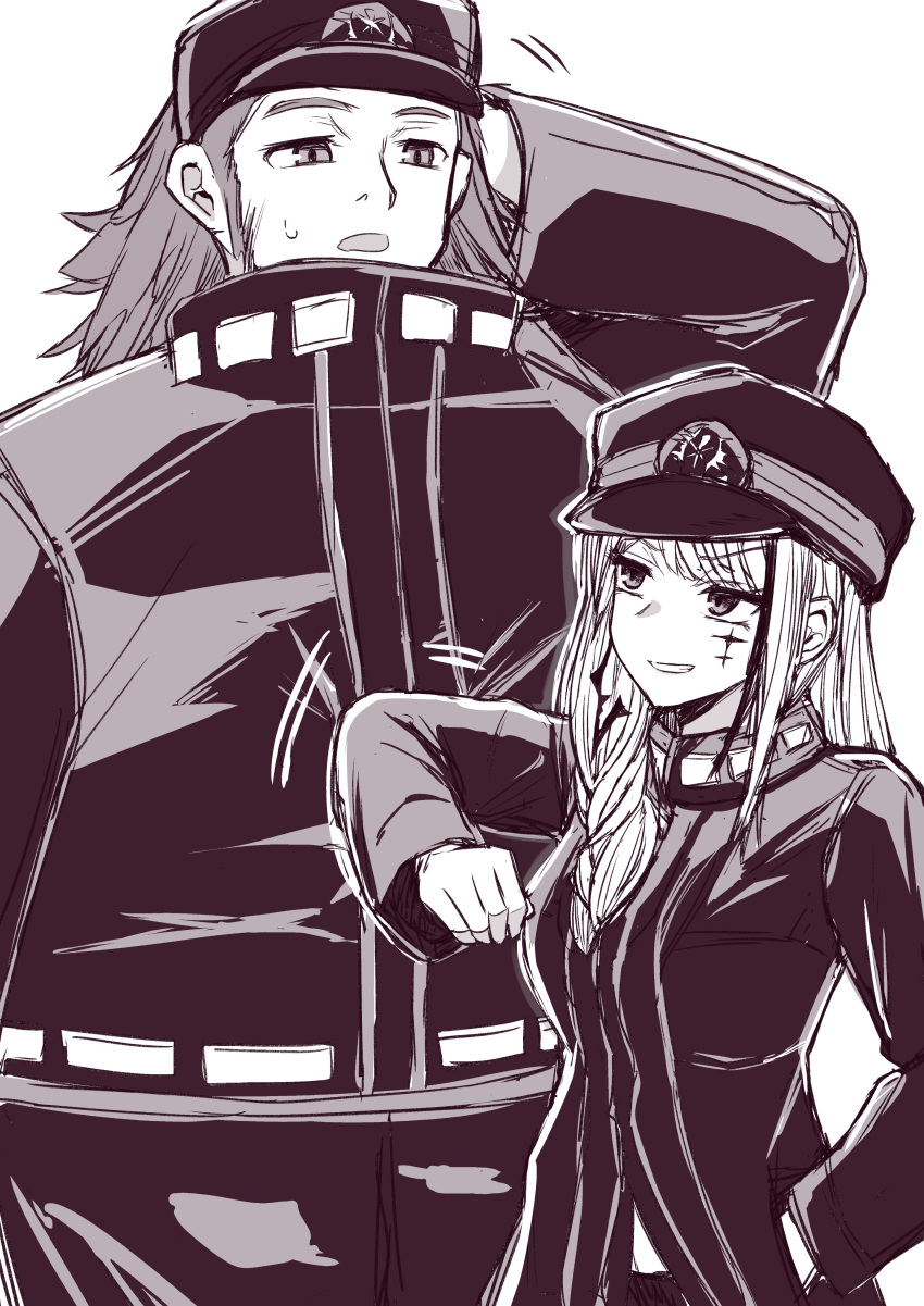 1boy, 1girl, absurdres, braid, breasts, closed_jacket, commentary_request, elbowing