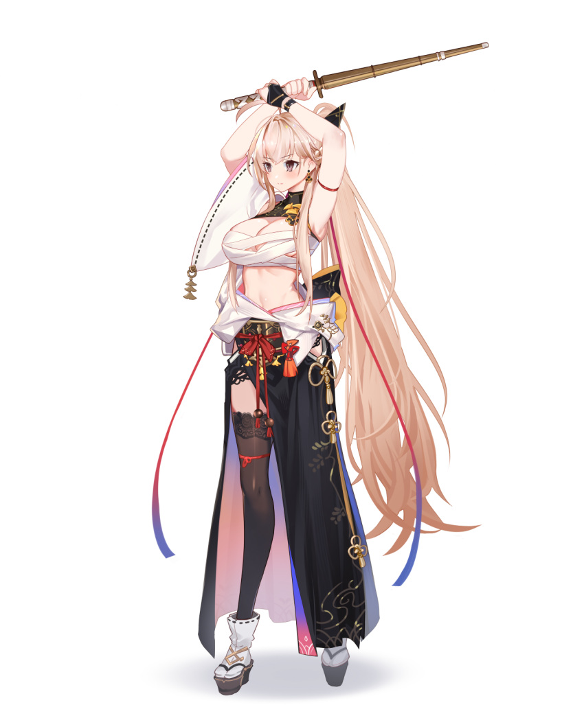 1girl, arm_over_head, arm_strap, arm_up, artist_request, black_collar, black_gloves, black_thighhighs