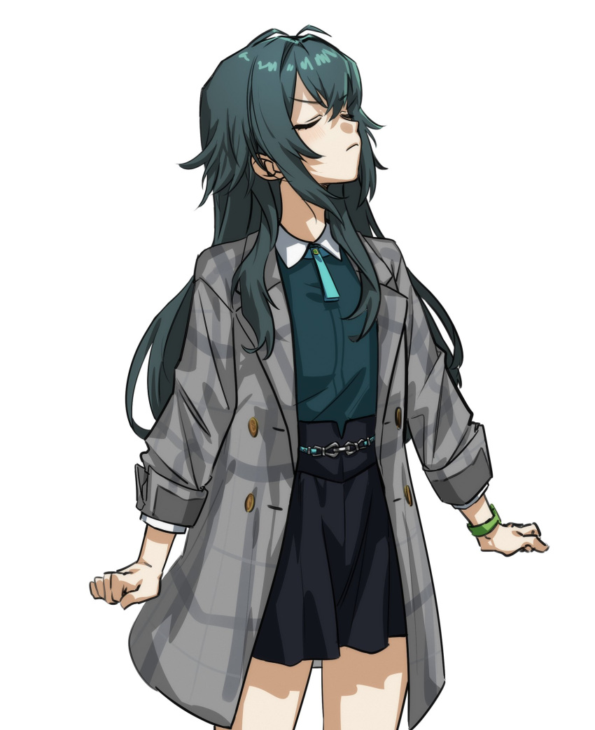 1girl, angry, antenna_hair, bikbuk14, black_skirt, checkered_coat, clenched_hands, closed_eyes