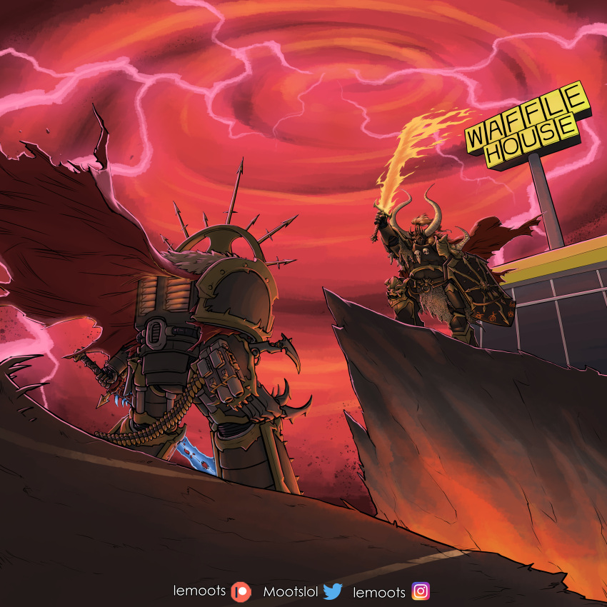 2boys, abbadon_the_despoiler, absurdres, archaon_the_everchosen, armor, artist_name, bullet, cape