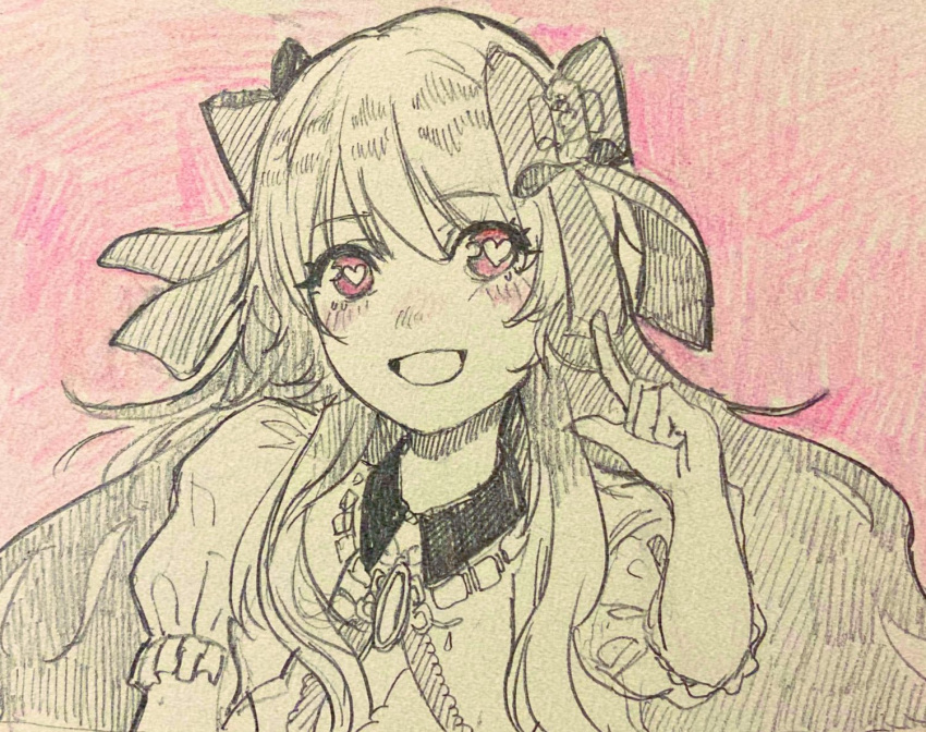 1girl, bad_id, bad_twitter_id, chaos_marie_(grimms_notes), grimms_notes, hair_ribbon, heart, heart-shaped_pupils, jewelry, long_hair, necklace, partially_colored, pendant, pink_background, pink_eyes, puffy_sleeves, ribbon, solo, symbol-shaped_pupils, traditional_media, upper_body, zounimusi