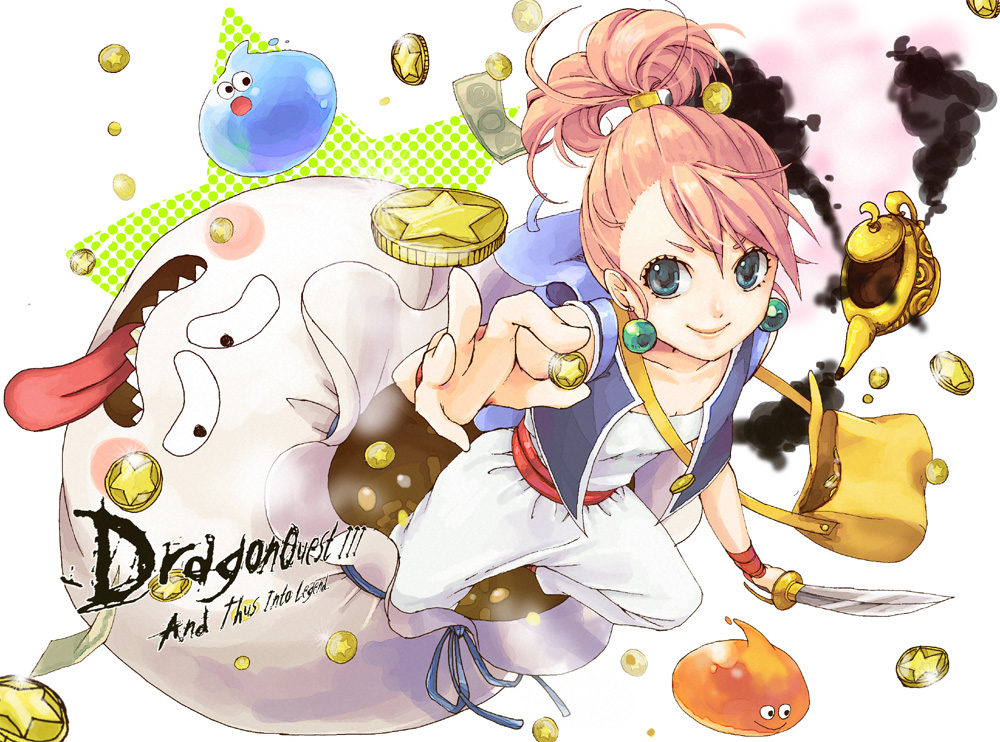 blue_eyes, brown_hair, coin, dragon_quest, dragon_quest_iii, earrings, green_eyes, high_ponytail