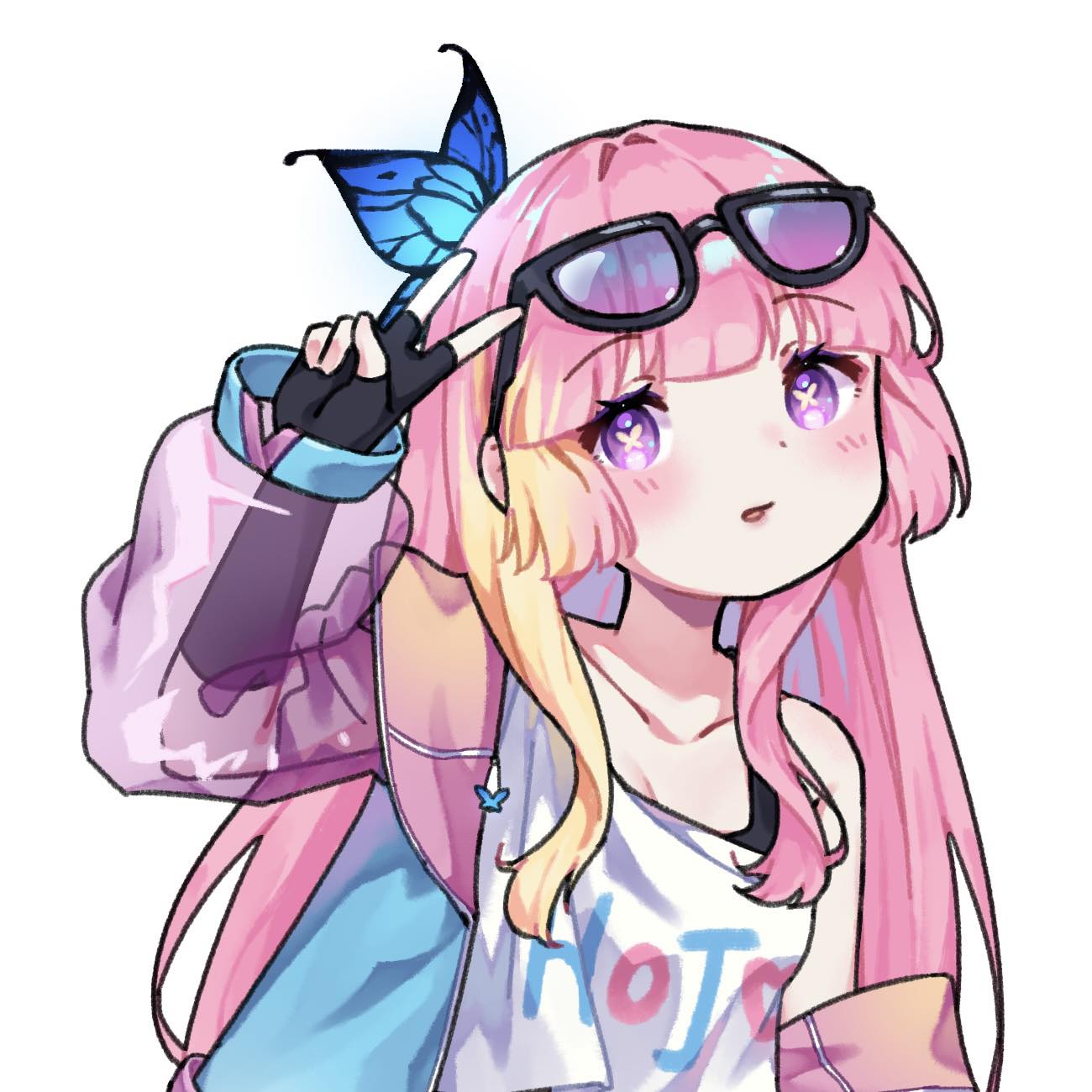 black_gloves, blue_butterfly, bug, butterfly, butterfly_in_eye, eyewear_on_head, fingerless_gloves, glasses