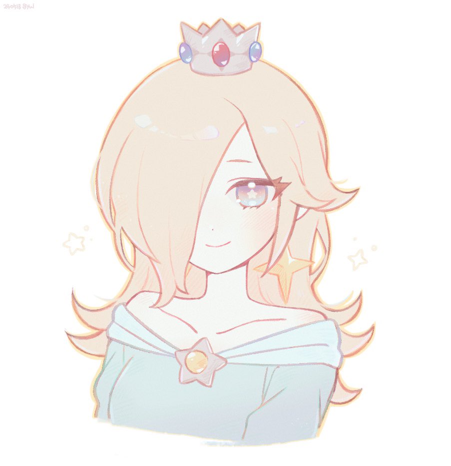 1girl, bare_shoulders, blonde_hair, blue_dress, blue_eyes, brooch, closed_mouth, cropped_torso