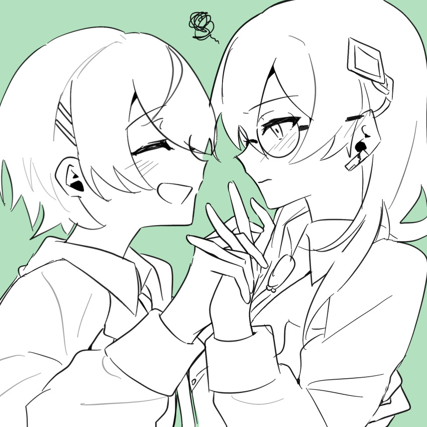 2girls, bad_link, blonde_hair, closed_eyes, glasses, hair_ornament, hair_over_shoulder, hairclip, happy, heaven_burns_red, highres, interlocked_fingers, izumi_yuki_(heaven_burns_red), jacket, jingbai968, kayamori_ruka, long_hair, looking_at_another, multiple_girls, round_eyewear, short_hair, yuri