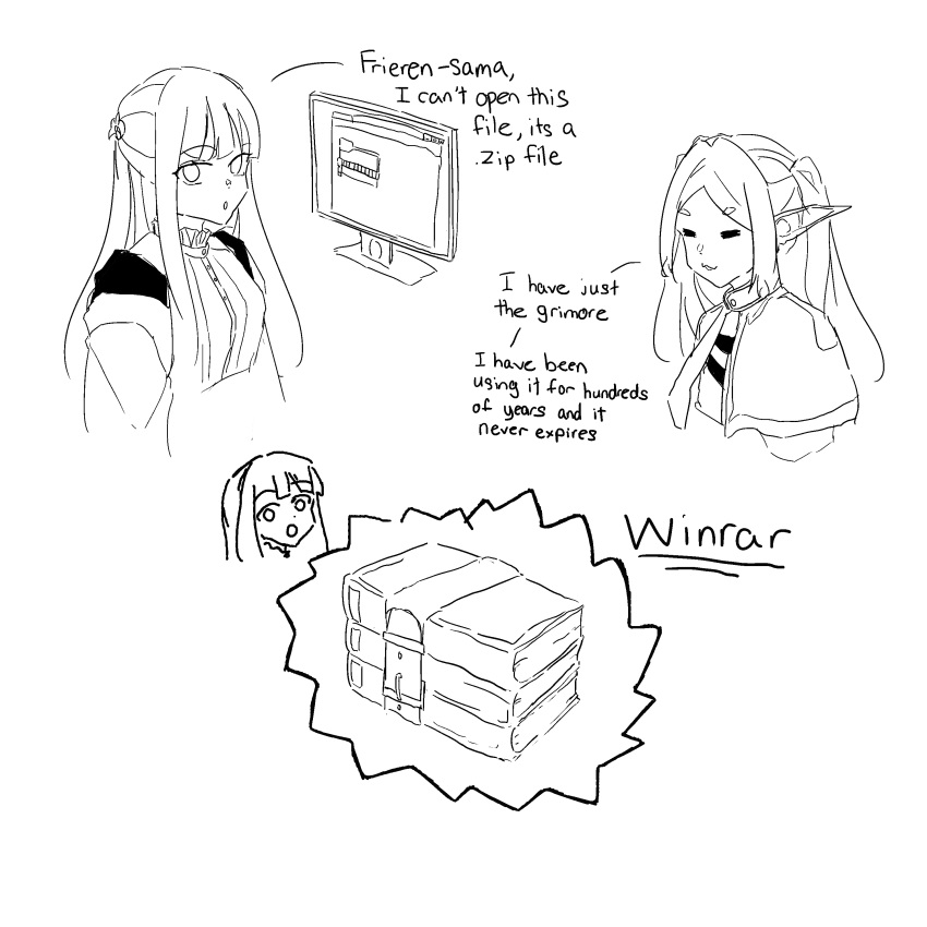2girls, :3, =_=, absurdres, blunt_bangs, book, capelet, chuan_sg, coat, commentary, cropped_shoulders, elf, english_commentary, english_text, fern_(sousou_no_frieren), frieren, high_contrast, highres, lineart, long_hair, long_sleeves, monitor, monochrome, multiple_girls, open_clothes, open_coat, parody, pile_of_books, pointy_ears, simple_background, sousou_no_frieren, twintails, white_background, winrar