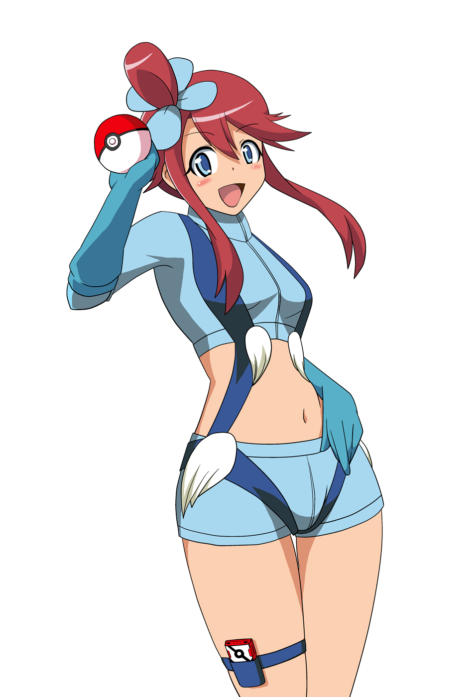 blue_eyes, blush, fuuro_(pokemon), galsink, gloves, gym_leader, hair_ornament, hand_on_hip, highres, holding, holding_poke_ball, long_hair, midriff, navel, open_clothes, open_mouth, poke_ball, pokedex, pokemon, pokemon_(game), pokemon_black_and_white, pokemon_bw, red_hair, redhead, short_shorts, shorts, simple_background, sitting, smile, solo, suspenders, wariza, white_background