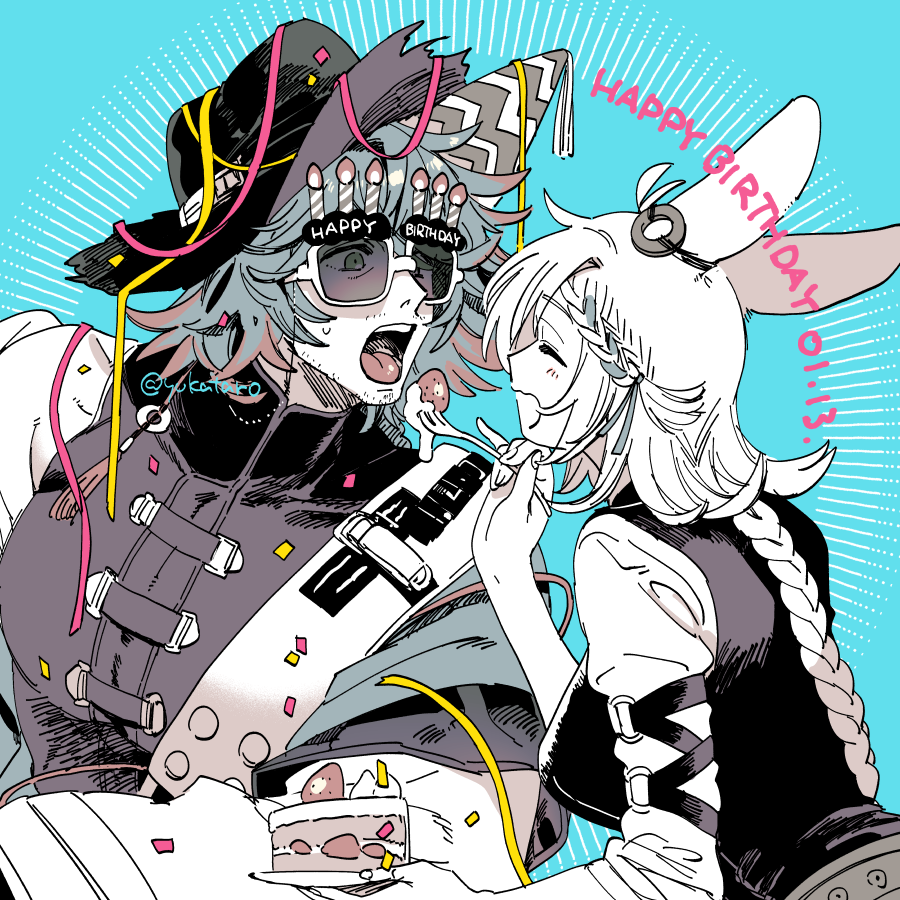 1boy, 1girl, animal_ears, arknights, birthday_glasses, blue_background, braid, braided_bangs, breasts, cake, cake_slice, closed_eyes, commentary_request, confetti, dated, feather_hair, feeding, food, fork, fruit, happy_birthday, hat, holding, holding_fork, holding_plate, icing, kroos_(arknights), kroos_the_keen_glint_(arknights), large_breasts, long_hair, mr._nothing_(arknights), open_mouth, plate, rabbit_ears, simple_background, strawberry, sunglasses, tinted_eyewear, upper_body, yukataro