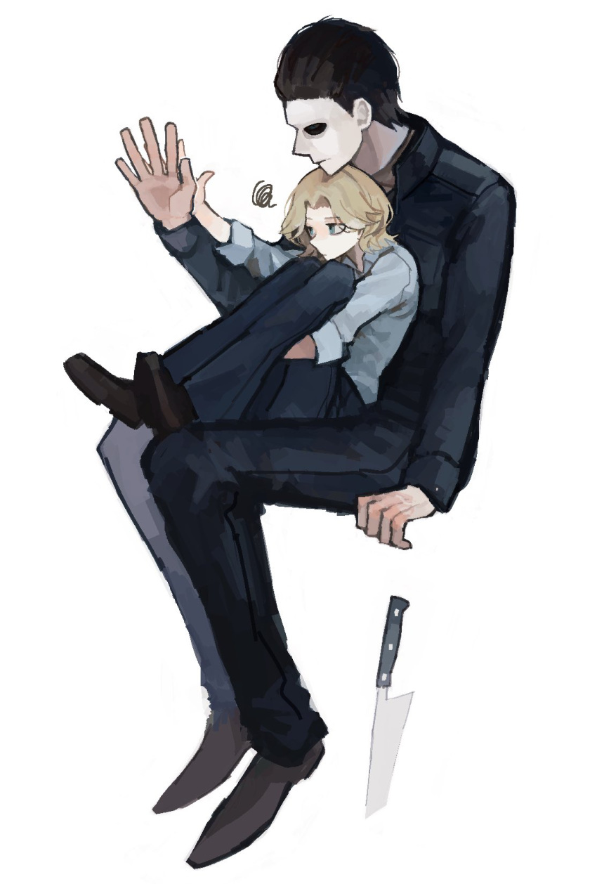 1boy, 1girl, ainu_nijo, blonde_hair, blue_eyes, brown_footwear, brown_hair, commentary_request