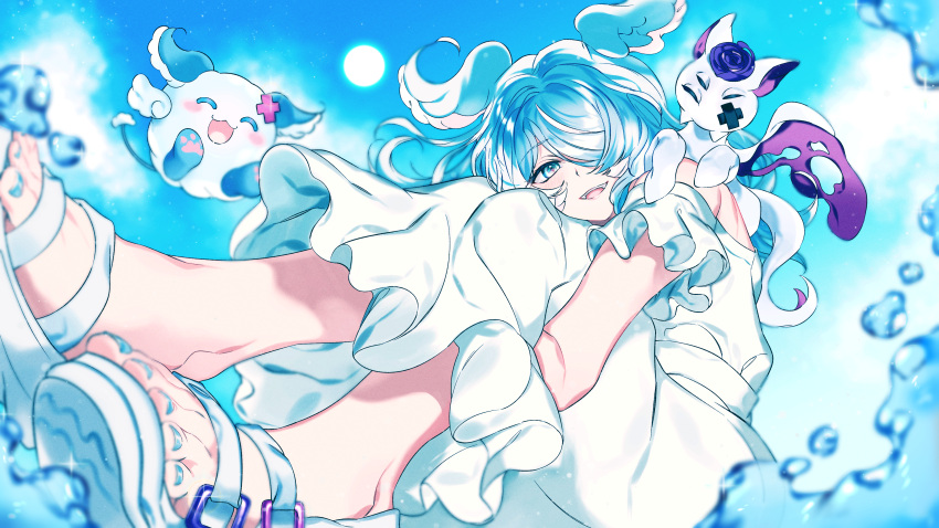 1girl, absurdres, blue_eyes, blue_hair, blue_sky, clouds, dress, elira_pendora