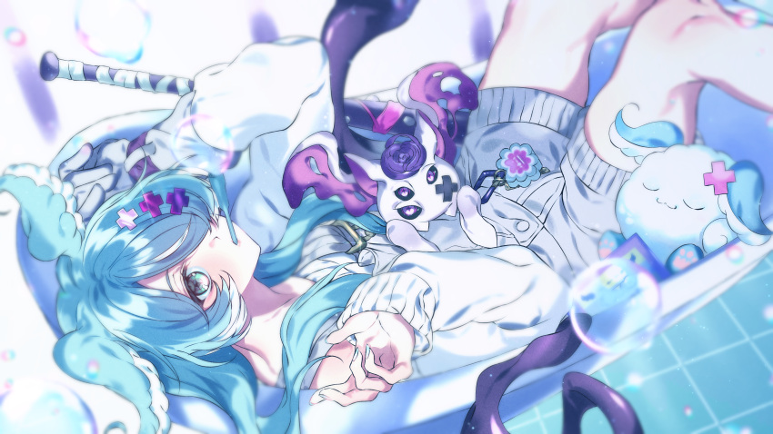 1girl, absurdres, aqua_eyes, aqua_nails, baseball_bat, bathtub, blowing_bubbles, blue_hair