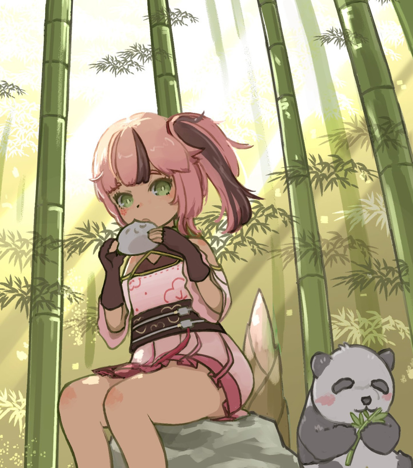 1girl, bamboo, dress, green_eyes, highres, lan_(tower_of_fantasy), panda, pink_hair