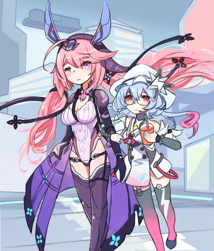 2girls, absurdres, blue_hair, brevey_(tower_of_fantasy), dress, drink, highres, multiple_girls, pink_eyes, pink_hair, red_eyes, tower_of_fantasy, yanuo_(tower_of_fantasy)
