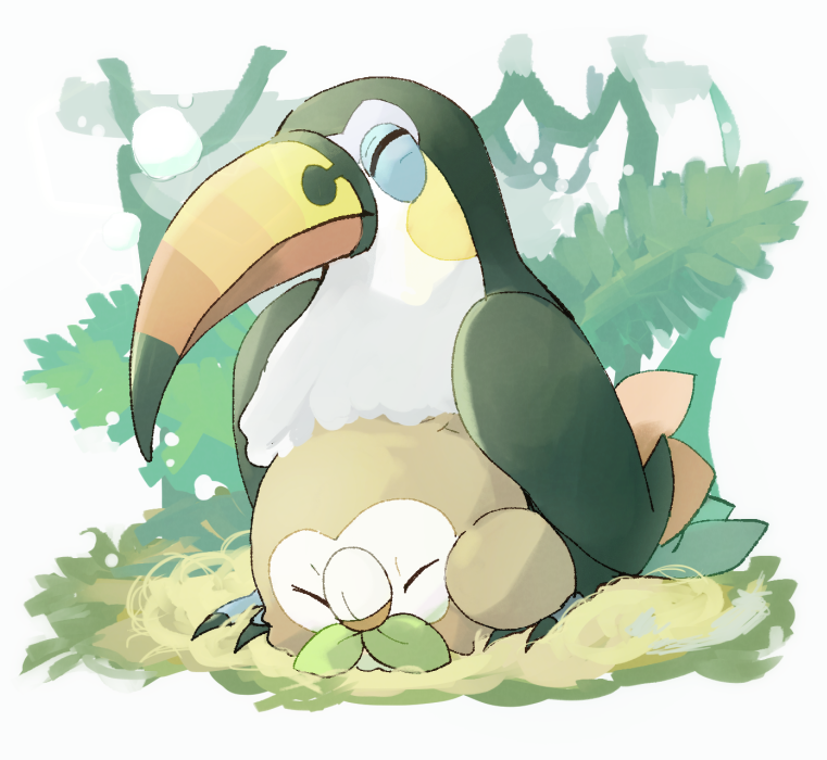animal_focus, bird, closed_eyes, closed_mouth, commentary_request, hiratai_tori, leaf, nest